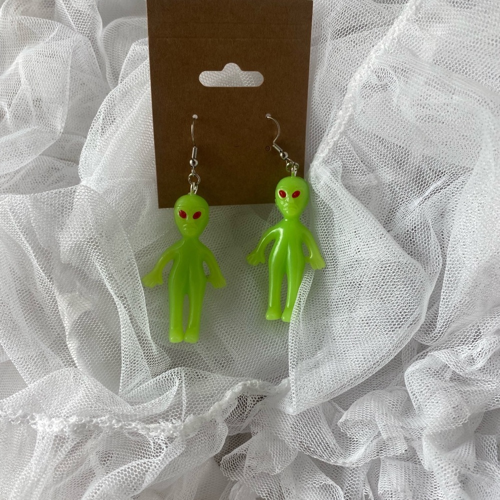 Green Alien Dangle Earrings